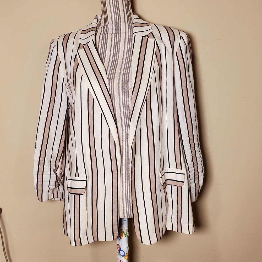 NYCC New York Clothing Co Womens XL Linen Blend Striped Ruched Sleeve Blazer